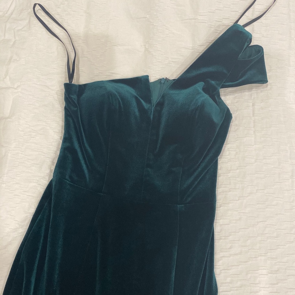 Aqua One Shoulder Velvet Dress in Dark Teal - Picture 3 of 5